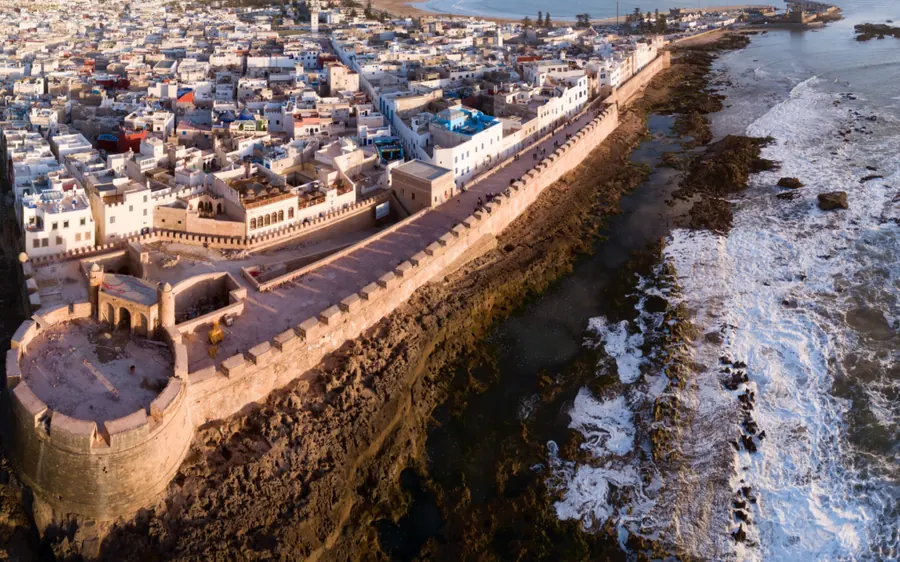 An aerial view of the ramparts of Essaouira on the Atlantic coast