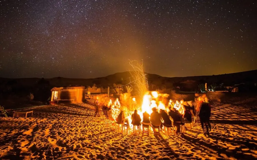 A campfire in the desert under a sky full of stars