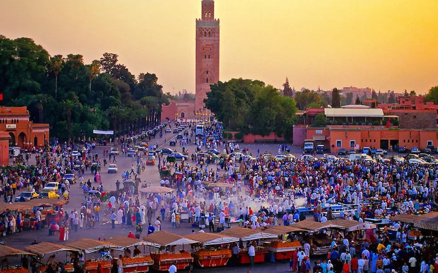 Jemaa el-Fna square and the Koutoubia in Marrakech at dusk