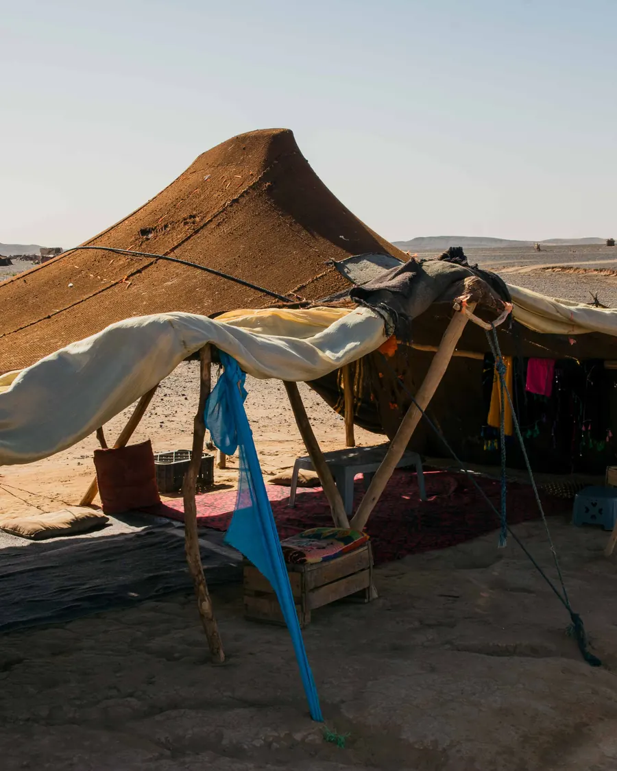 A traditional nomad tent made of woven cloth in the Sahara