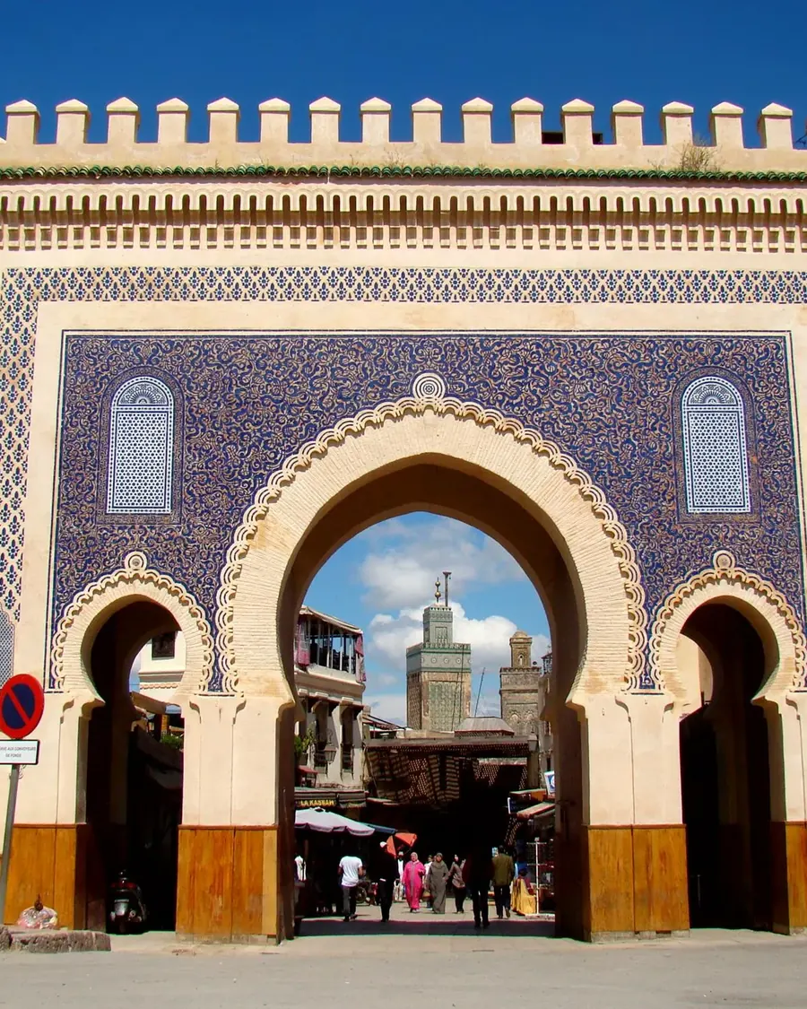 The blue-tiled Bab Boujloud gate leading into the Fes medina