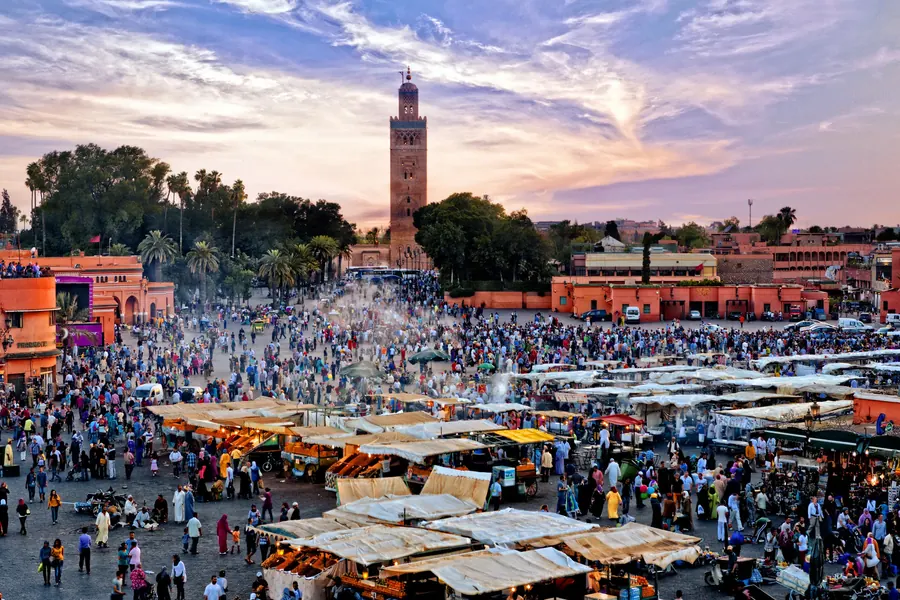 Jemaa el-Fna and the Koutoubia at sunset in Marrakech