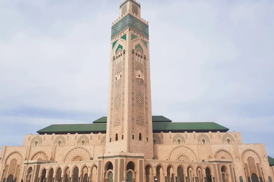 The minaret and arcades of the Hassan II Mosque in Casablanca