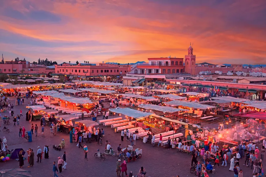 Evening crowds and food stalls in Marrakech's Jemaa el-Fna square