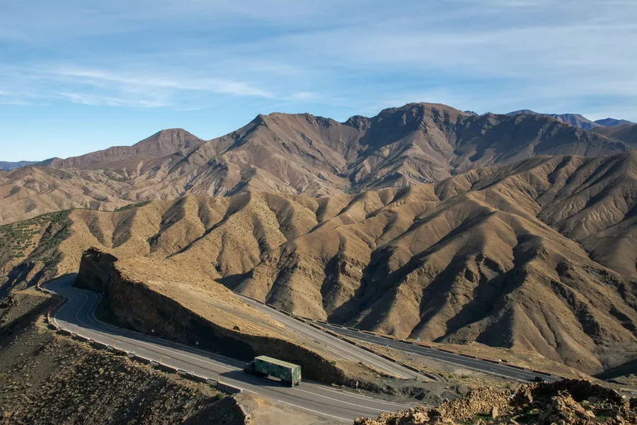 The winding Tizi n'Tichka road climbing through the High Atlas